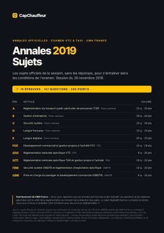 Annales officielles, Annales 2019 · sujets, pour l'examen VTC et TAXI (36 pages)