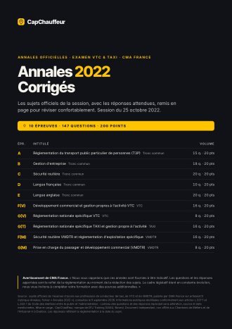 Annales officielles, Annales 2022 · corrigés, pour l'examen VTC et TAXI (37 pages)